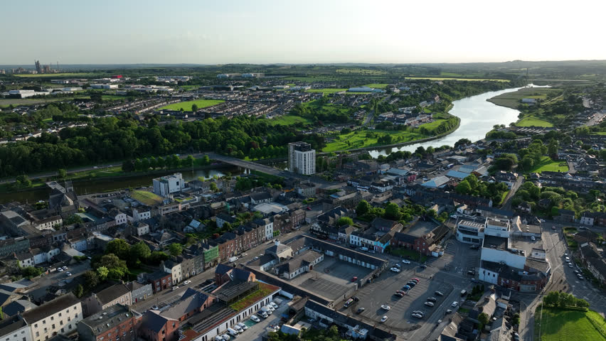 Aerial view of the historic city centre of historic downtown Drogheda, County Louth, Ireland.