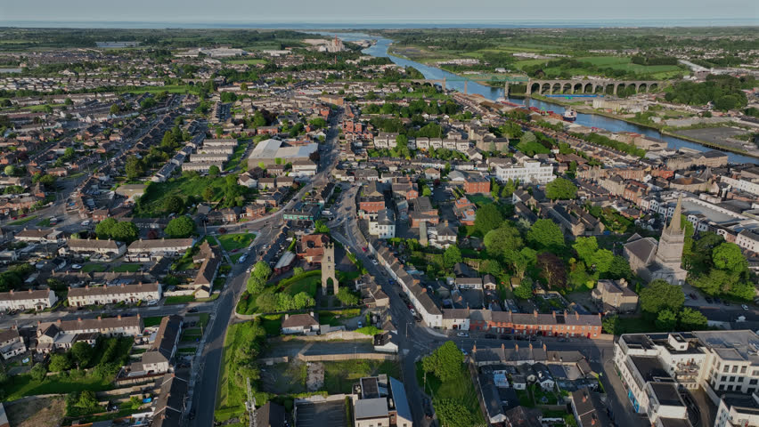 Aerial view of the historic city centre of historic downtown Drogheda, County Louth, Ireland.