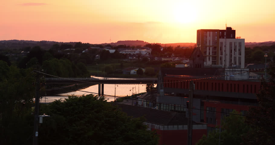 Elevated sunset view of the city centre of historic downtown Drogheda, County Louth, Ireland.