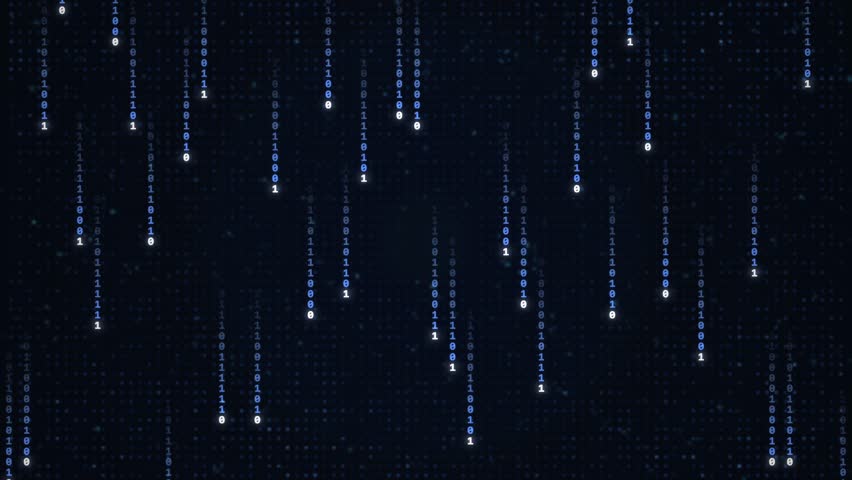 Looping technology motion background of glowing blue binary ones and zeros raining down a dark screen, a coding, big-data and digital concept.