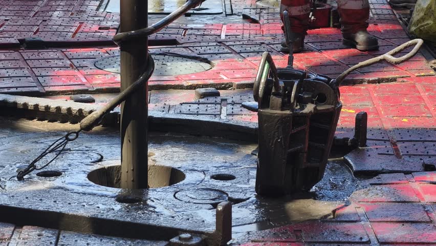 Drilling rig activity - Pull of of hole drill string with oil based mud on the rig floor. Trip out of hole.