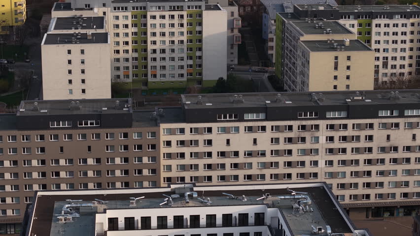 Prague, Czech Republic. Drone Shot of Modern and Old Residential Buildings in Downtown Neighborhood