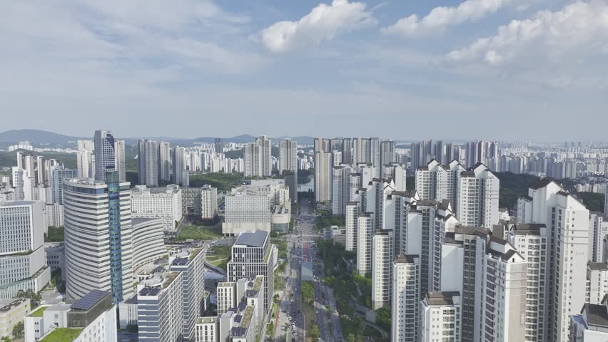Aerial Drone View of Gwanggyo Jungang Station Cityscape and New Town Landscape in Suwon, South Korea