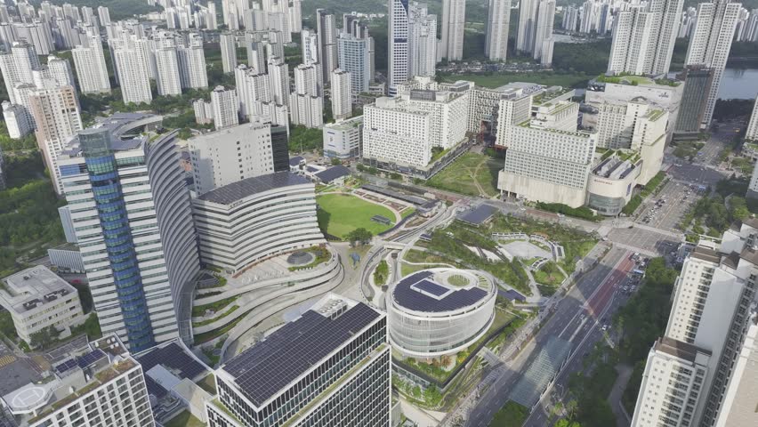 Aerial Drone View of Gwanggyo Jungang Station Cityscape and New Town Landscape in Suwon, South Korea