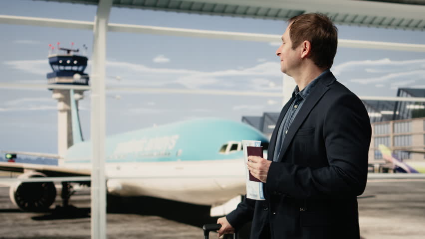 Smiling man holding passport and trolley handle in airport terminal, excited for abroad flight, while cheerful tourist carrying travel documents and luggage, going to aircraft boarding gate.