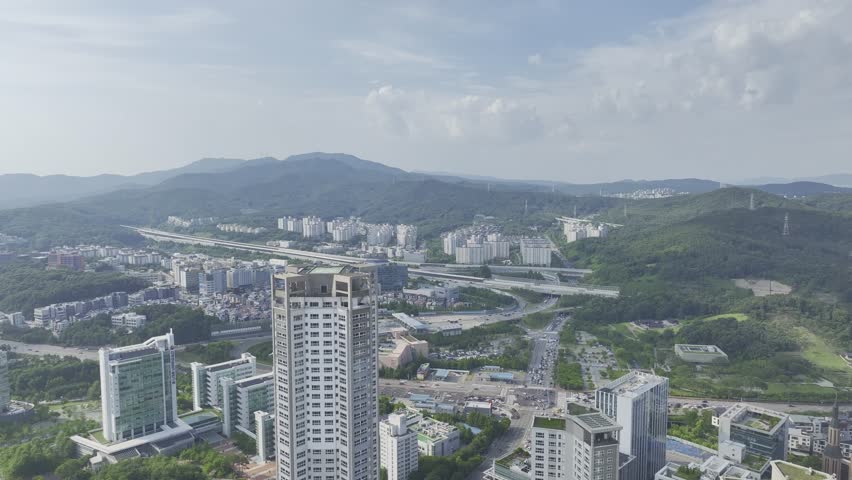 Aerial Drone View of Gwanggyo Jungang Station Cityscape and New Town Landscape in Suwon, South Korea