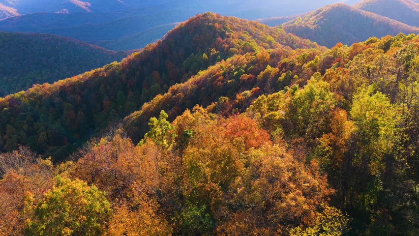 Scenic fall evening landscape of wooded Appalachian mountains. Colorful forest stretches across autumn mountain terrain.