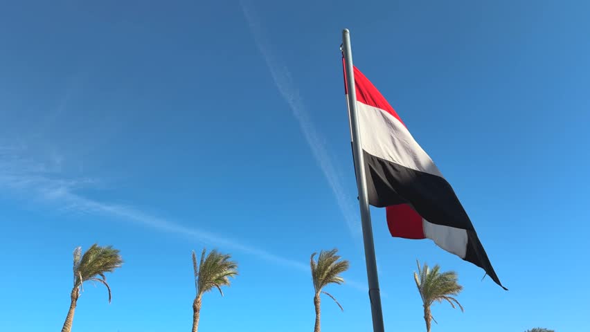 Egypt national flag waving in the wind on tall pole with palm trees and blue sky