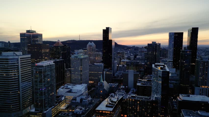 Montreal evening skyline with illuminated streets in Old Port district. g.