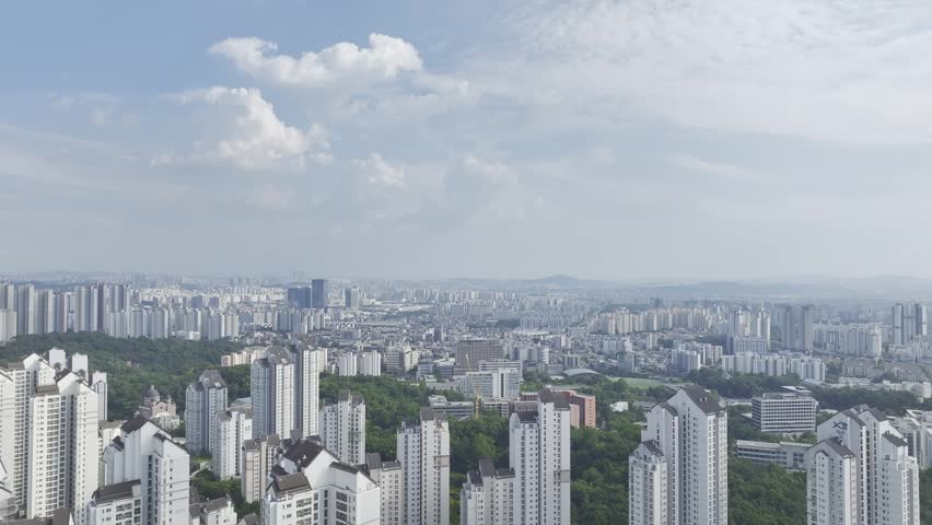 Aerial Drone View of Gwanggyo Jungang Station Cityscape and New Town Landscape in Suwon, South Korea