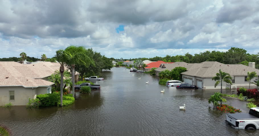 Hurricane Debby flooded homes and cars in Laurel Meadows community in Sarasota, Florida. Aftermath of natural disaster