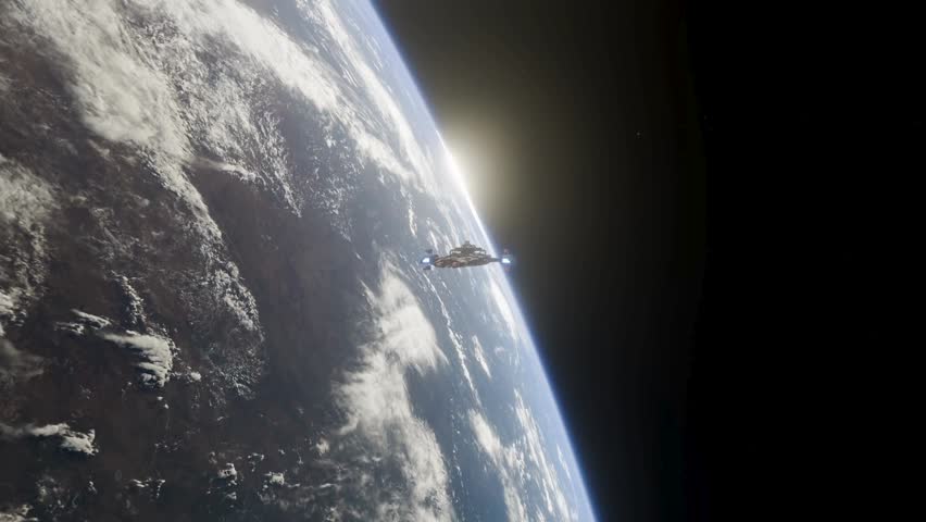 A futuristic spaceship travels through orbit above the glowing Earth atmosphere.