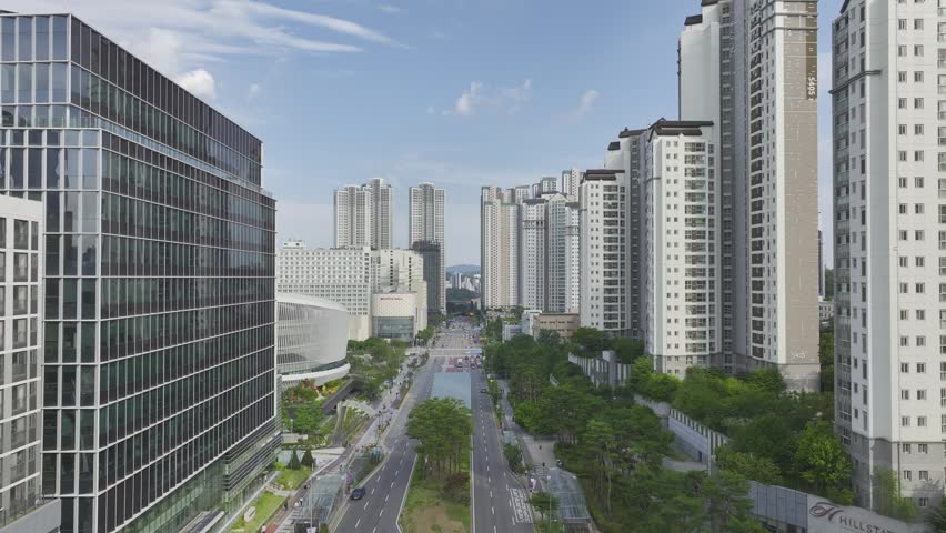 Aerial Drone View of Gwanggyo Jungang Station Cityscape and New Town Landscape in Suwon, South Korea