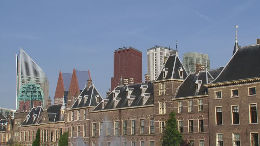 THE HAGUE, THE NETHERLANDS  Skyline centre of Dutch politics: modern office buildings of Dutch ministries towering above 13th century buildings of Binnenhof