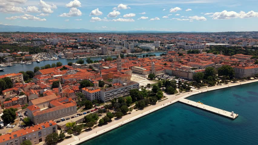 Zadar historic old town peninsula, Croatia. Clear blue Adriatic Sea water. Scenic aerial drone view
