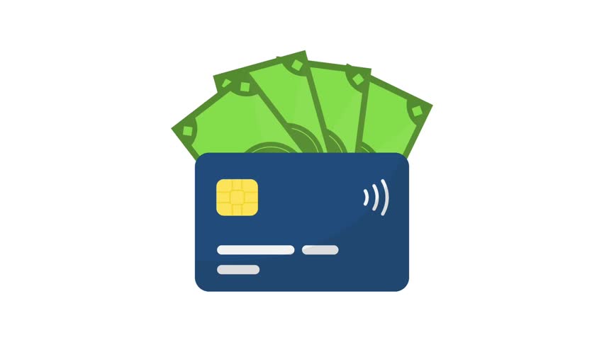 Cash Wallet Credit Card Payment Animation. Dark blue wallet with green paper money bank notes and credit card animation symbolizing digital payment and savings.