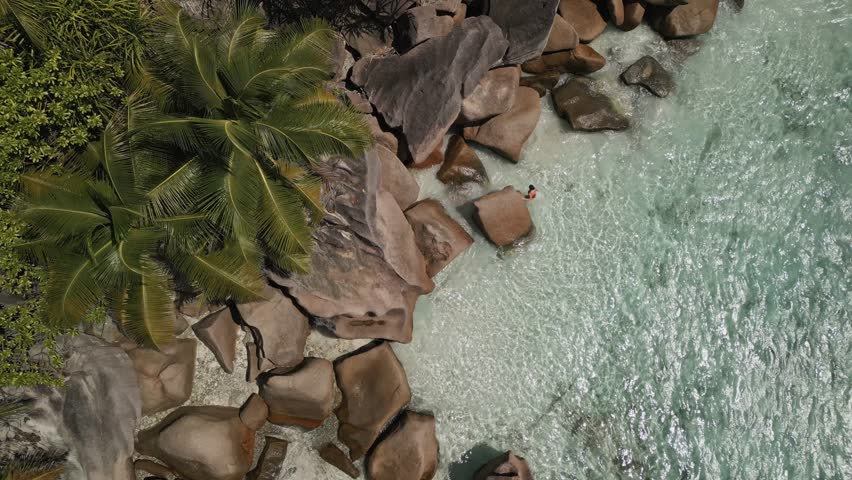 Swimmer relaxes among large granite boulders beside palm trees and clear turquoise lagoon on La Digue, Seychelles, viewed from above.