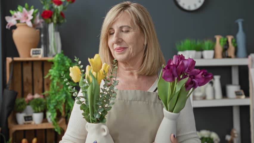 Woman florist smiling while holding vases with yellow and purple tulips in a bright flower shop studio filled with pots and plants; warmth care.