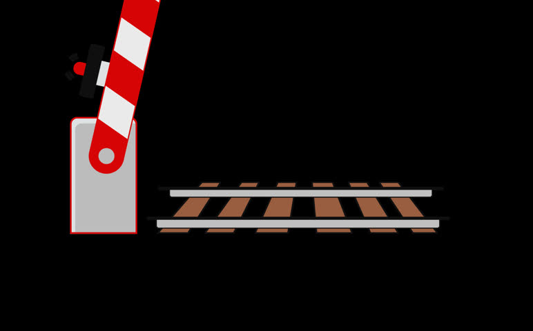 Railway crossing gate barrier with warning light and train tracks safety