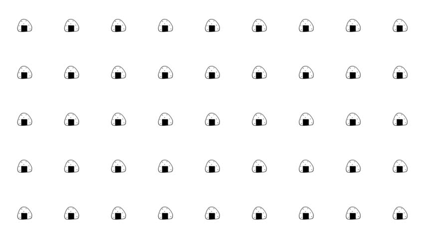 A seamless loop animation featuring a minimalist black-and-white aesthetic and a cute graphic pattern of Japanese rice balls (onigiri). Each onigiri character is drawn in a simple line-art style—complete with a strip of seaweed (nori) at the base—and moves with a smooth, simultaneous bouncing and rotating motion.