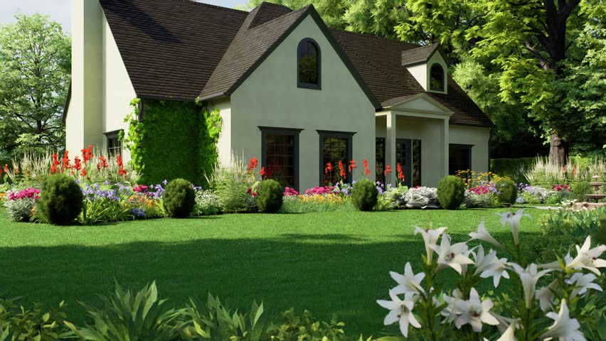 A charming suburban cottage featuring a dark roof, surrounded by a large green grass lawn and colorful blooming flowers on a bright summer day. Cozy family property. 3D Illustration