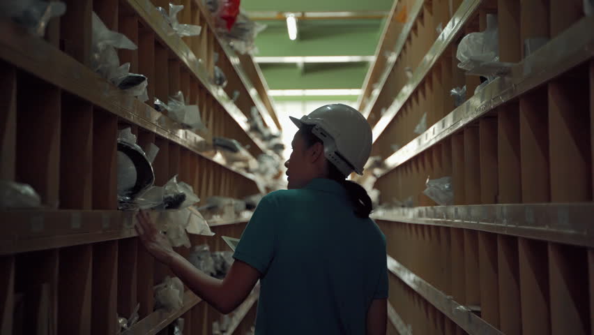 Female warehouse worker wearing a white safety helmet inspecting storage shelves inside a warehouse distribution center. Inventory management, stock checking, logistics, and supply chain operations in an industrial storage facility.

