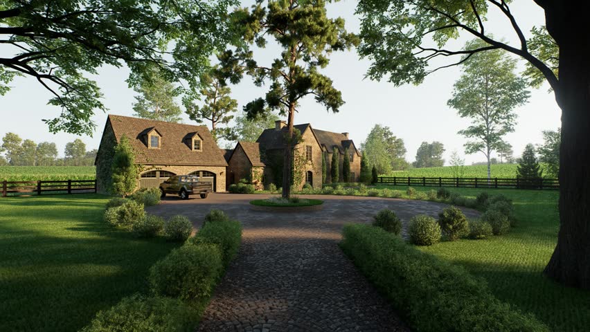 A luxurious countryside stone estate featuring a spacious paved driveway, a separate garage building, and a pickup truck parked outside, surrounded by fields and green trees. 3D Illustration