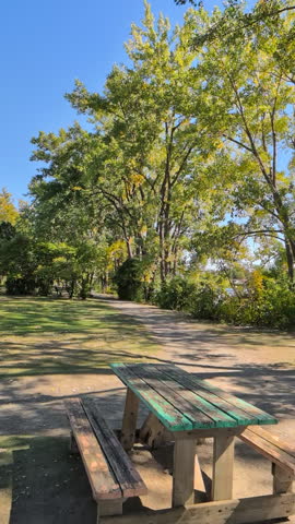 Rustic Wooden Picnic Table in Autumn Park with Tree Lined Path and Clear Blue Sky, Canadian Outdoor Recreation Area on Sunny Fall Day