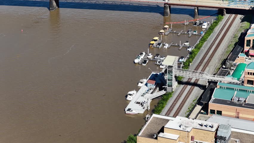 Aerial footage along the Allegheny River in Pittsburgh Pennsylvania USA