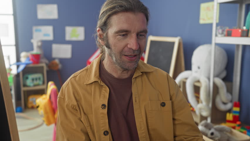 Man pointing finger at laptop and chalkboard surrounded by toys and crayons in a classroom building; focused learning.