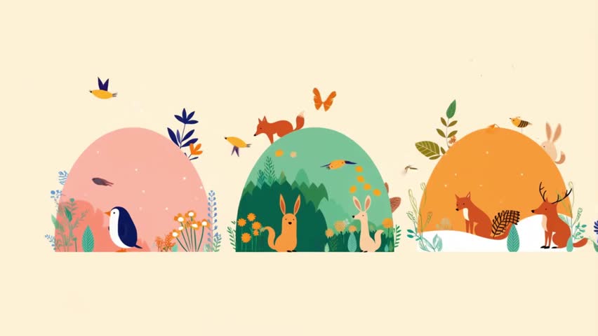 Whimsical forest animals animation, cute woodland creatures on colorful hills, flat vector nature landscape with fox and rabbit characters