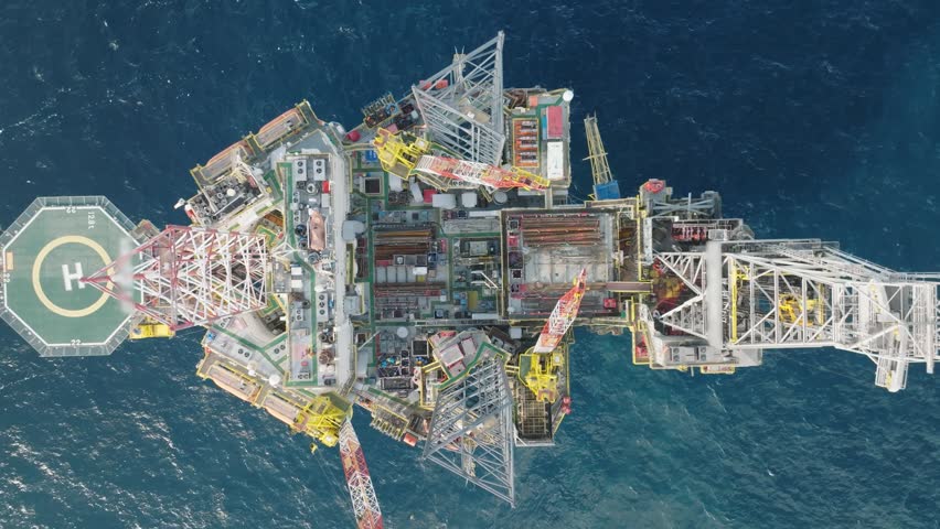 Aerial panoramic view of offshore jack up rig and offshore platform for oil and gas exploration and production. 