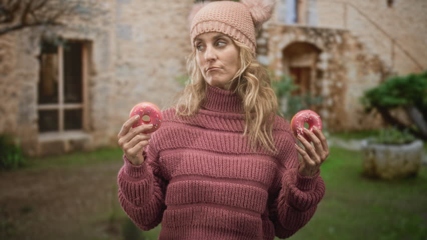 Woman holding two pink donuts in hands, smiling with closed eyes and laughing while wearing a knit beanie and sweater in front of a stone building; cozy joy.
