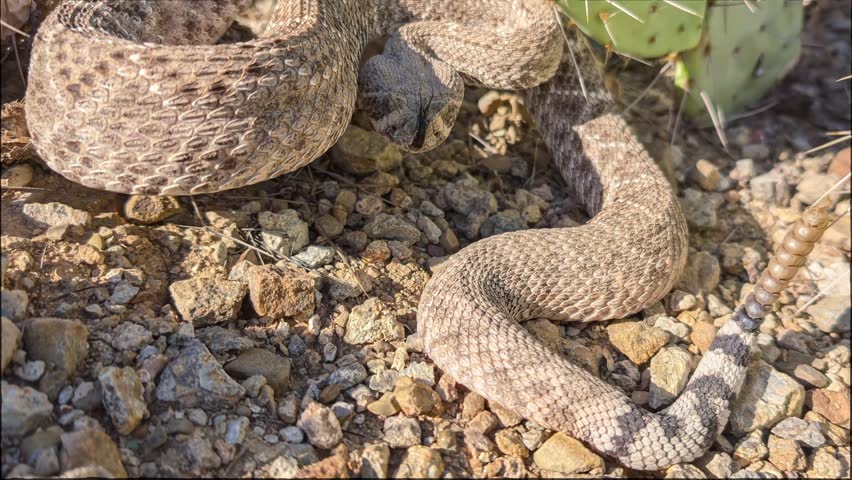 Western Diamondback Rattlesnake Coiled Beside Prickly Pear in Arizona