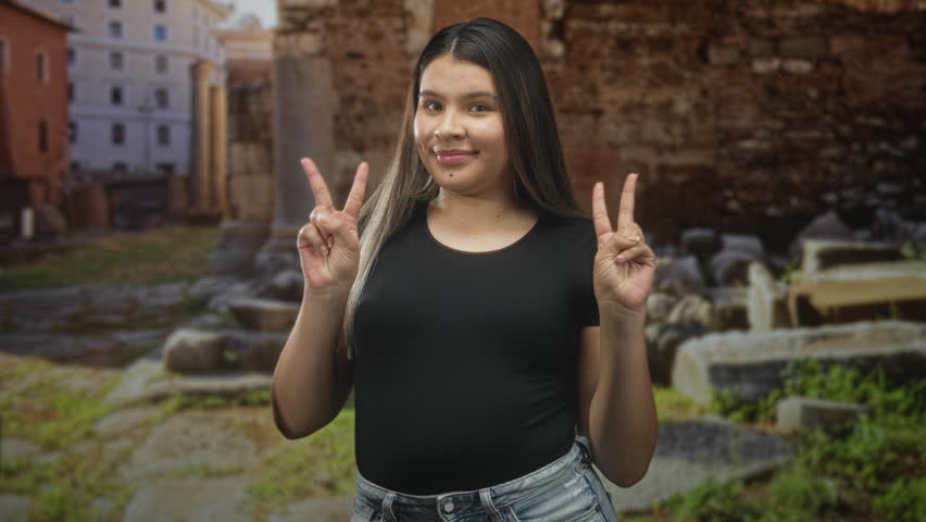 Young woman showing peace signs with both hands in front of ancient building ruins, wearing black tshirt and jeans; playful travel memory.