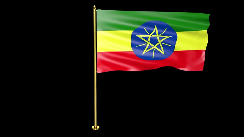 National flag of Ethiopia waving in the wind on a golden flagpole, isolated on a black background, seamless loop 3D animation.
