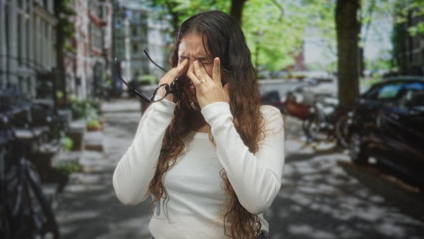 Young brunette woman holding eyeglasses and rubbing temples while squinting on a sunlit tree lined street; fatigue headache.