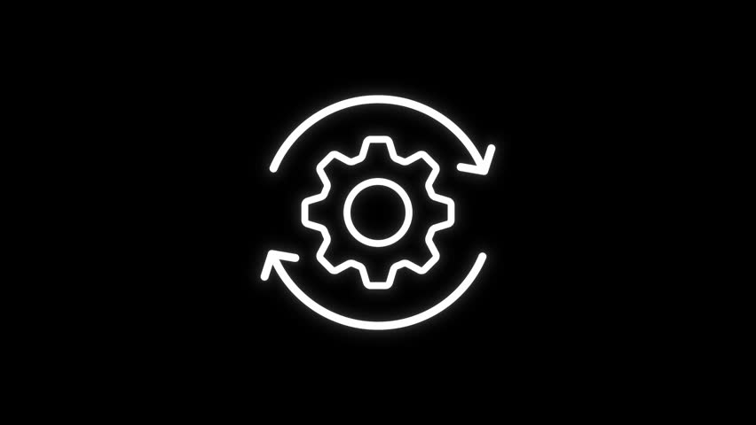 System malfunction gear and arrow processing loop animation on black background