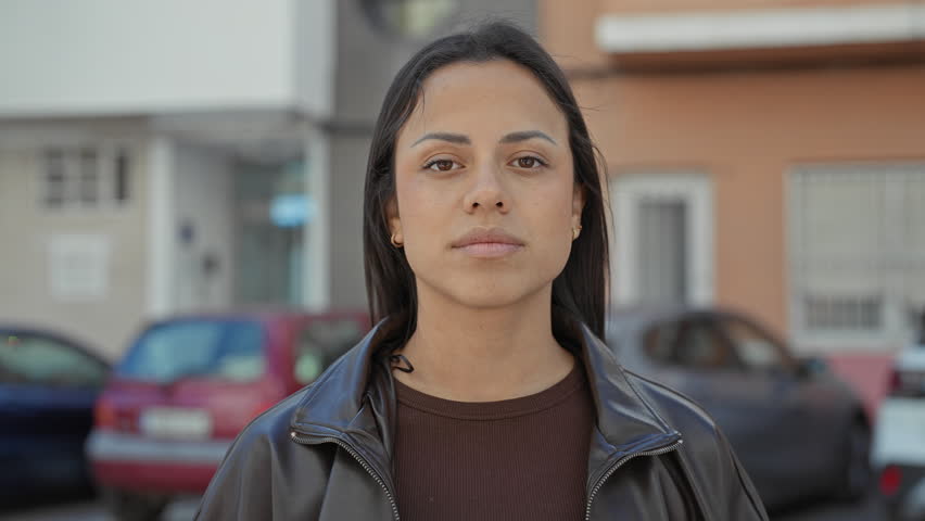 Woman in leather jacket shrugs and purses lips on street near parked cars and residential building windows; uncertainty reflection.