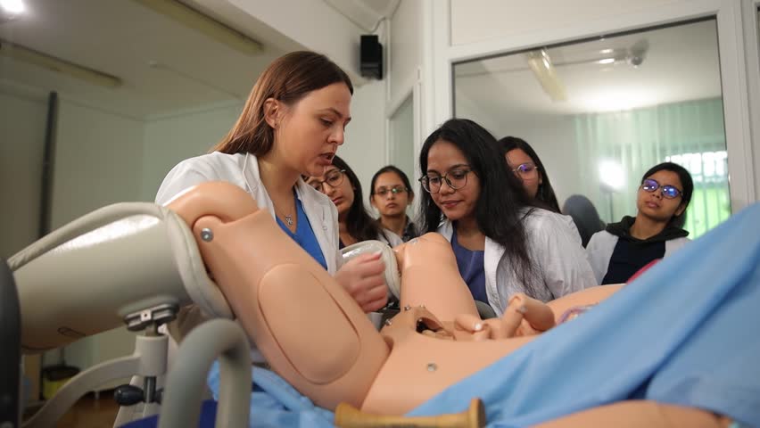 Medical students learning obstetrics on a childbirth simulator