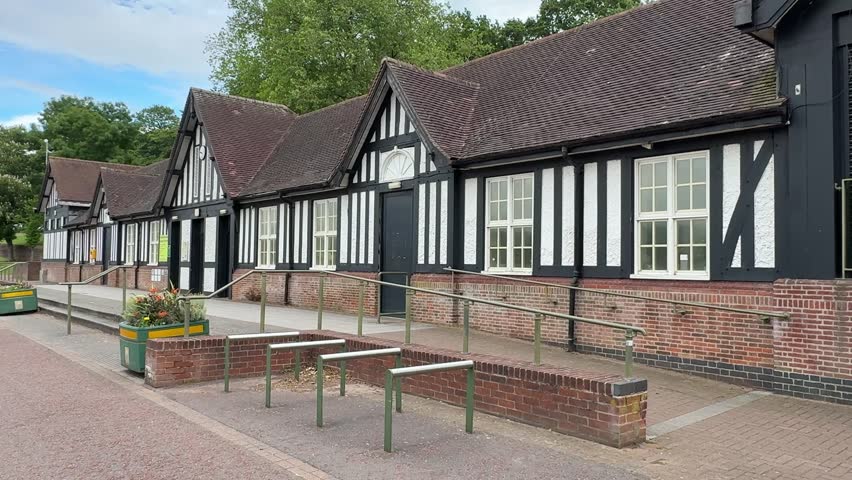 Historic English building showcasing the British architecture of the Forest Pavilion at Forest Recreation Ground in Nottingham, Nottinghamshire, East Midlands, England, within a popular public park.