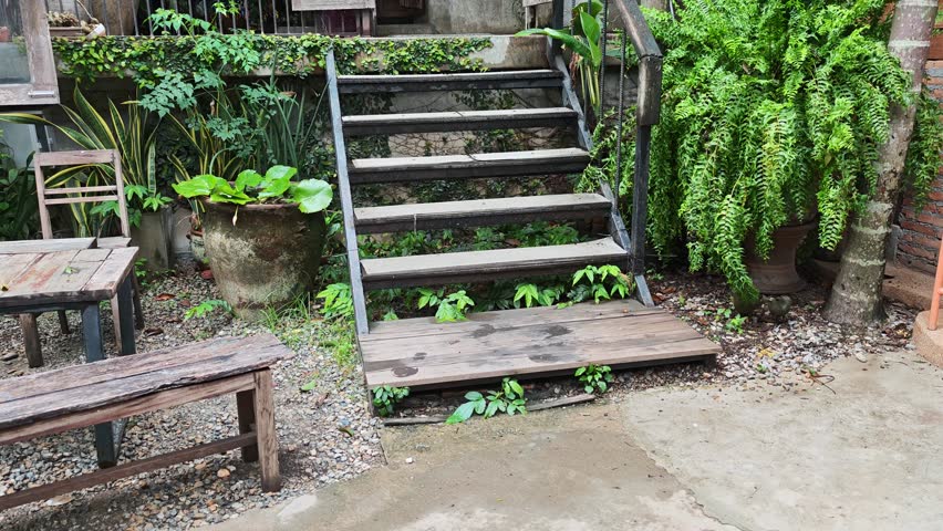 Old wooden ladder in the garden