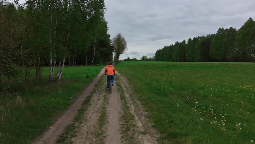 Recreational biking trip along forest dirt road