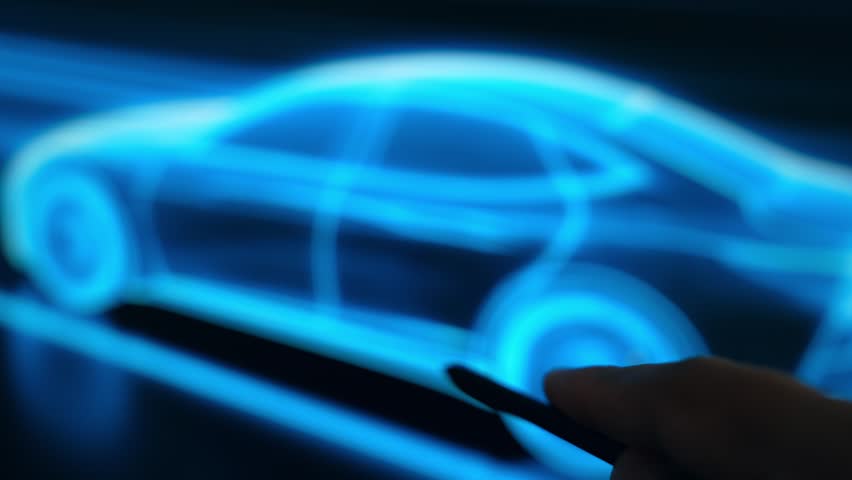 Automotive engineer using a stylus pen to analyze a futuristic electric vehicle design on a glowing digital interface, representing smart mobility, EV innovation, automotive and future transportation.
