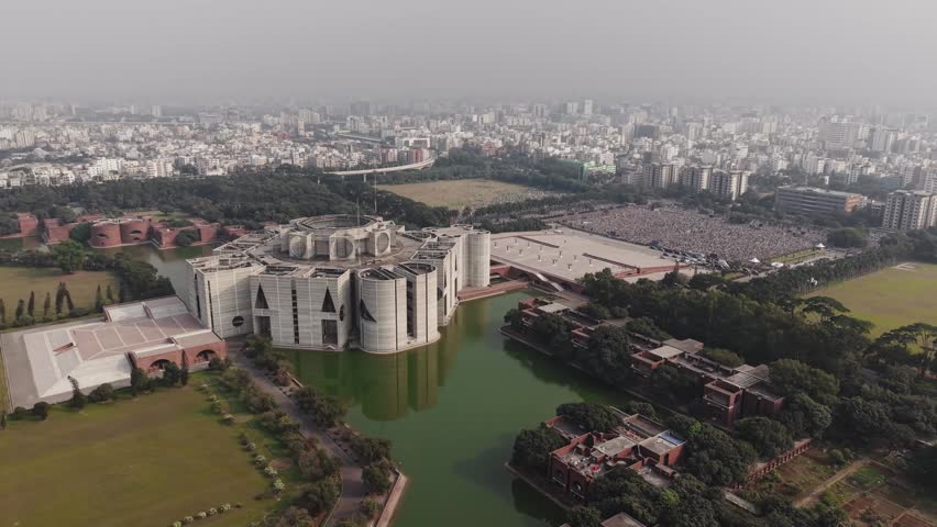 Drone view of the National Parliament building and lake in Dhaka