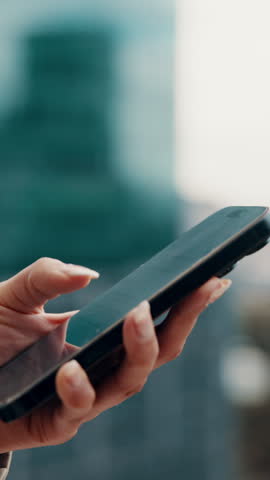 Browse, connection and hand outdoor with phone, internet search and news report on online site. Scroll, space and person with technology, social media update and web headline on digital platform.