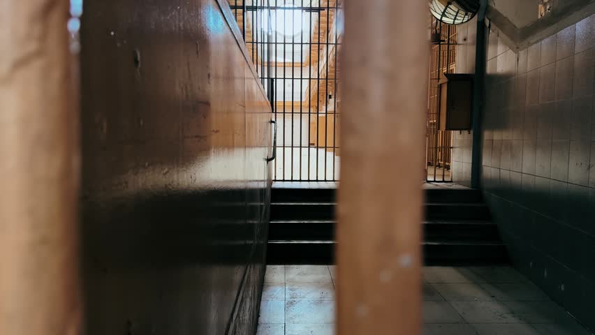 View through prison bars inside an old abandoned jail corridor with locked gates and dim natural light. Atmospheric detention facility interior, crime, punishment and justice system concept. High