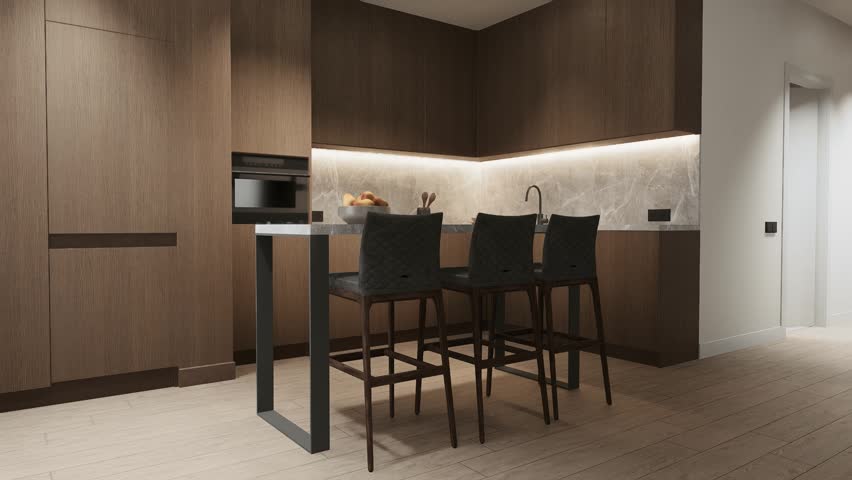 A modern minimalist kitchen interior featuring dark wooden cabinets, marble backsplash with LED strip lighting, built-in oven, and a white bar table with stools. 3D Illustration