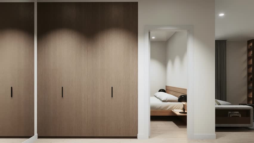 A modern apartment interior view showing a white hallway, a bedroom with a made bed, and an adjacent living room area with a grey sofa and wood wall panels. 3D Illustration