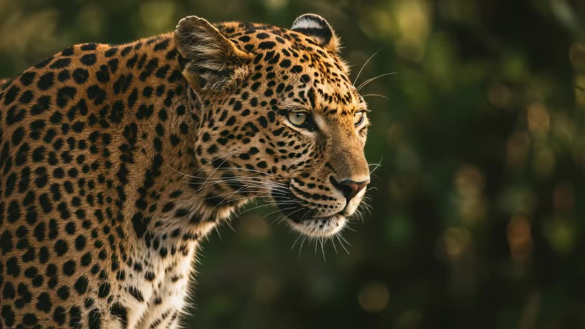 A closeup slow-motion of majestic African leopard walking proudly in its jungle with gentle sunlight on its face against blurred green backdrop